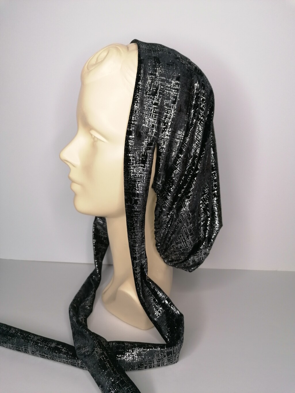 CHRISTMAS 1945 SNOOD BLACK SILVER PRINT VELVET - Image 5