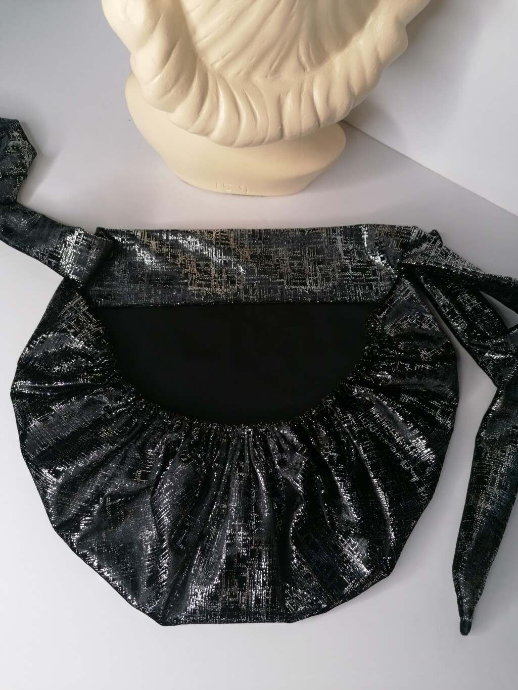 CHRISTMAS 1945 SNOOD BLACK SILVER PRINT VELVET - Image 9